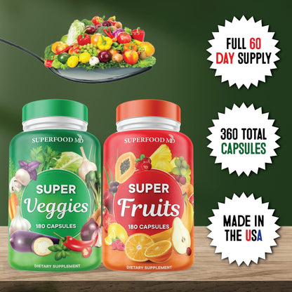 Superfood Fruit and Veggie Supplement - 360 Whole Super Fruit and Vegetable Supplements & Vitamin with Beta-Carotene, Soy Free- 180 Count (Pack of 2)