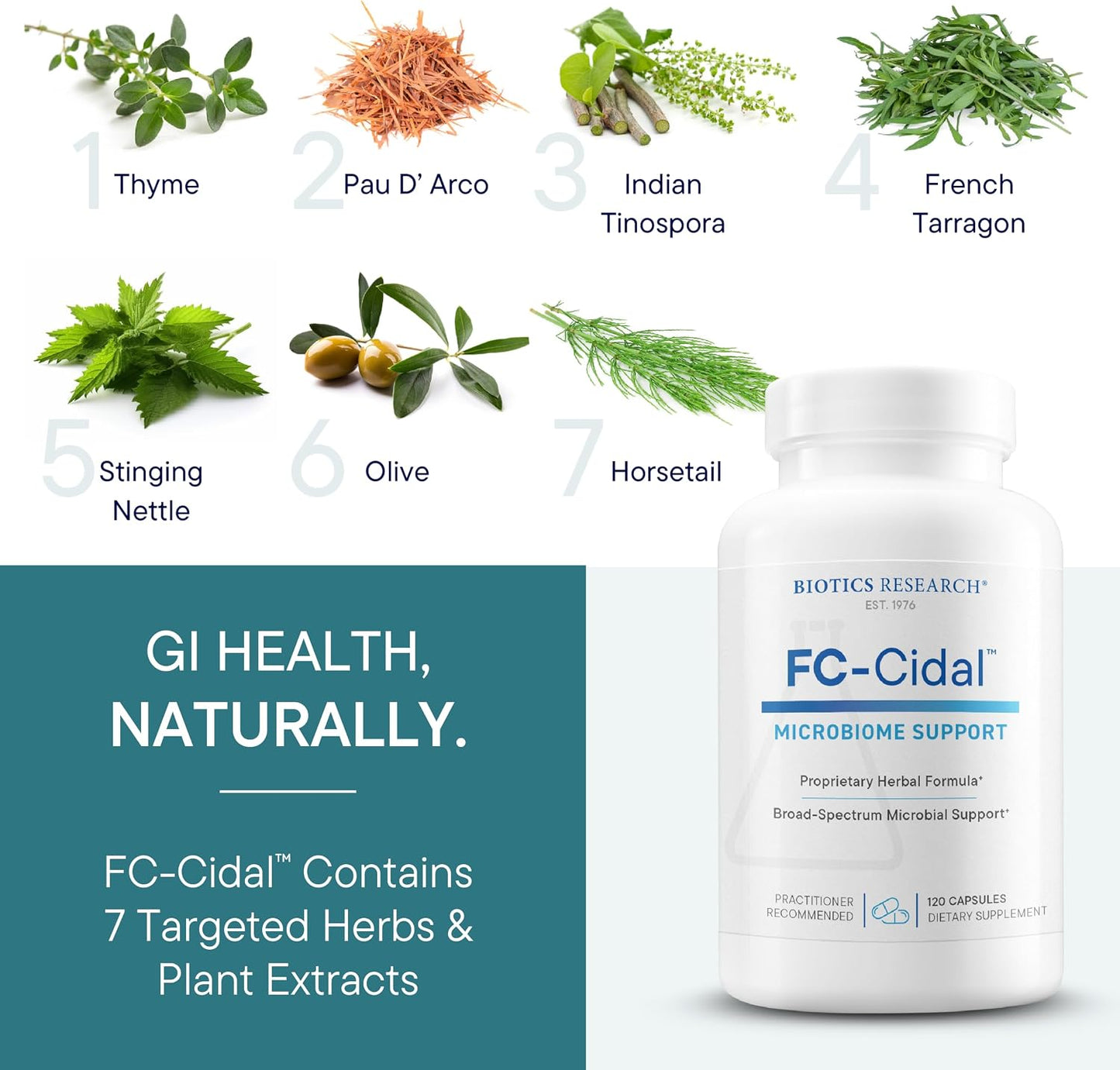 BIOTICS RESEARCH FC Cidal™ Herbal Blend Complete GI Gut Health for Women & Men- 500 mg/Serving - 7 Herbs Proprietary Blend Supplement Supports Healthy GI Function and Microbial Balance 120 Capsules