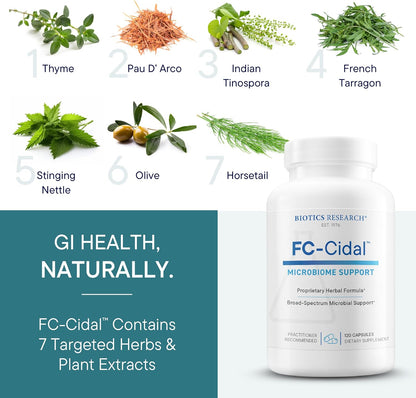 BIOTICS RESEARCH FC Cidal™ Herbal Blend Complete GI Gut Health for Women & Men- 500 mg/Serving - 7 Herbs Proprietary Blend Supplement Supports Healthy GI Function and Microbial Balance 120 Capsules