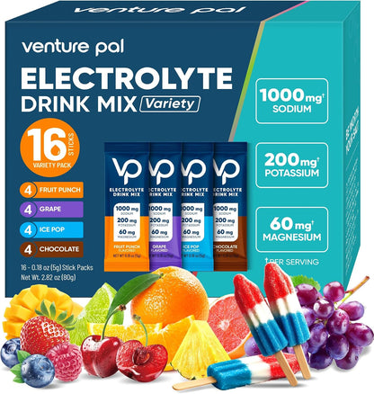 Venture Pal High Sodium Electrolyte Powder Packets | Sugar Free Hydration Drink Mix | Sodium, Magnesium, Potassium & Vitamins | Zero Calories | Keto, Vegan & Paleo Friendly | 16 Sticks