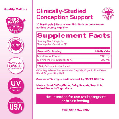 Pink Stork Myo-Inositol & D-Chiro Inositol: 3.6:1 Blend to Support Fertility, Hormone Balance for Women - Ovarian Function, Ovulation, Conception, and Period Support Supplement - 60 Capsules