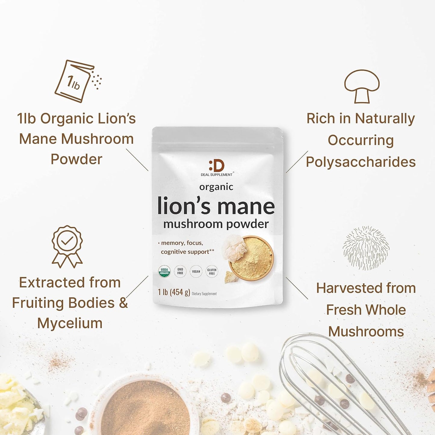 DEAL SUPPLEMENT Organic Lions Mane Mushroom Powder Supplement, 1,500mg Per Serving, 1lb – Active Fruiting Body & Mycelium Extract – Natural Brain Nootropic & Immune System Booster – Non-GMO