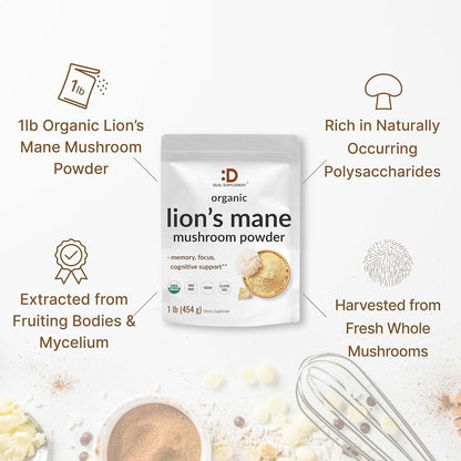 DEAL SUPPLEMENT Organic Lions Mane Mushroom Powder Supplement, 1,500mg Per Serving, 1lb – Active Fruiting Body & Mycelium Extract – Natural Brain Nootropic & Immune System Booster – Non-GMO