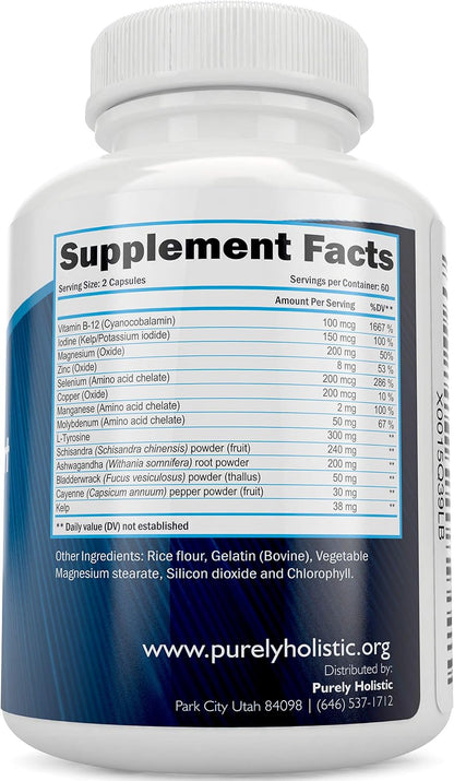 Thyroid Support, Iodine Supplement, Zinc, Selenium L-Tyrosine & Vitamin B | Supports Energy Production and Cellular Health, Thyroid Support for Women and Men, Non-GMO, 120 Capsules (2-Month Supply)
