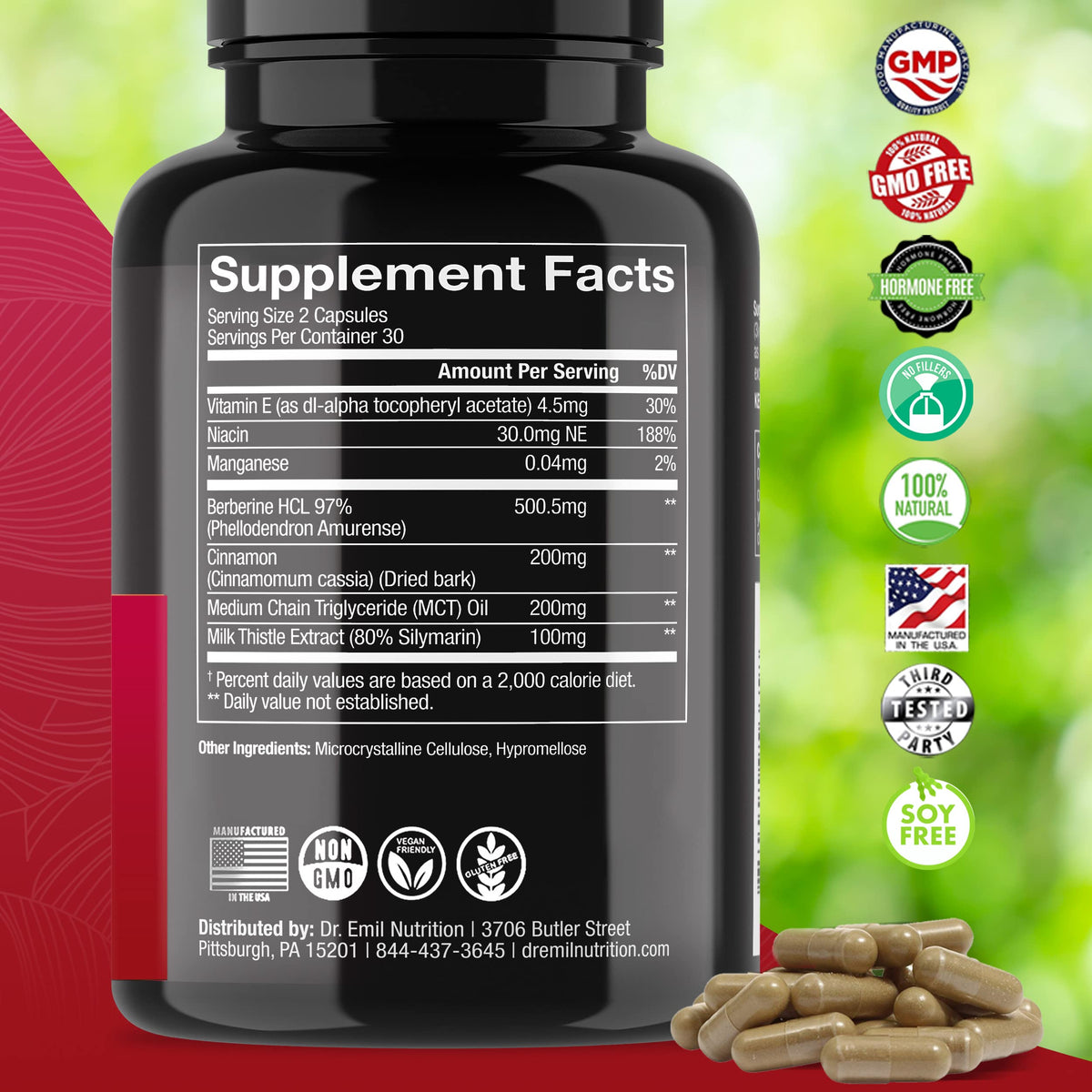 Dr. Emil Berberine 500mg Capsules - Berberine Supplement with Cinnamon, MTC Oil & Milk