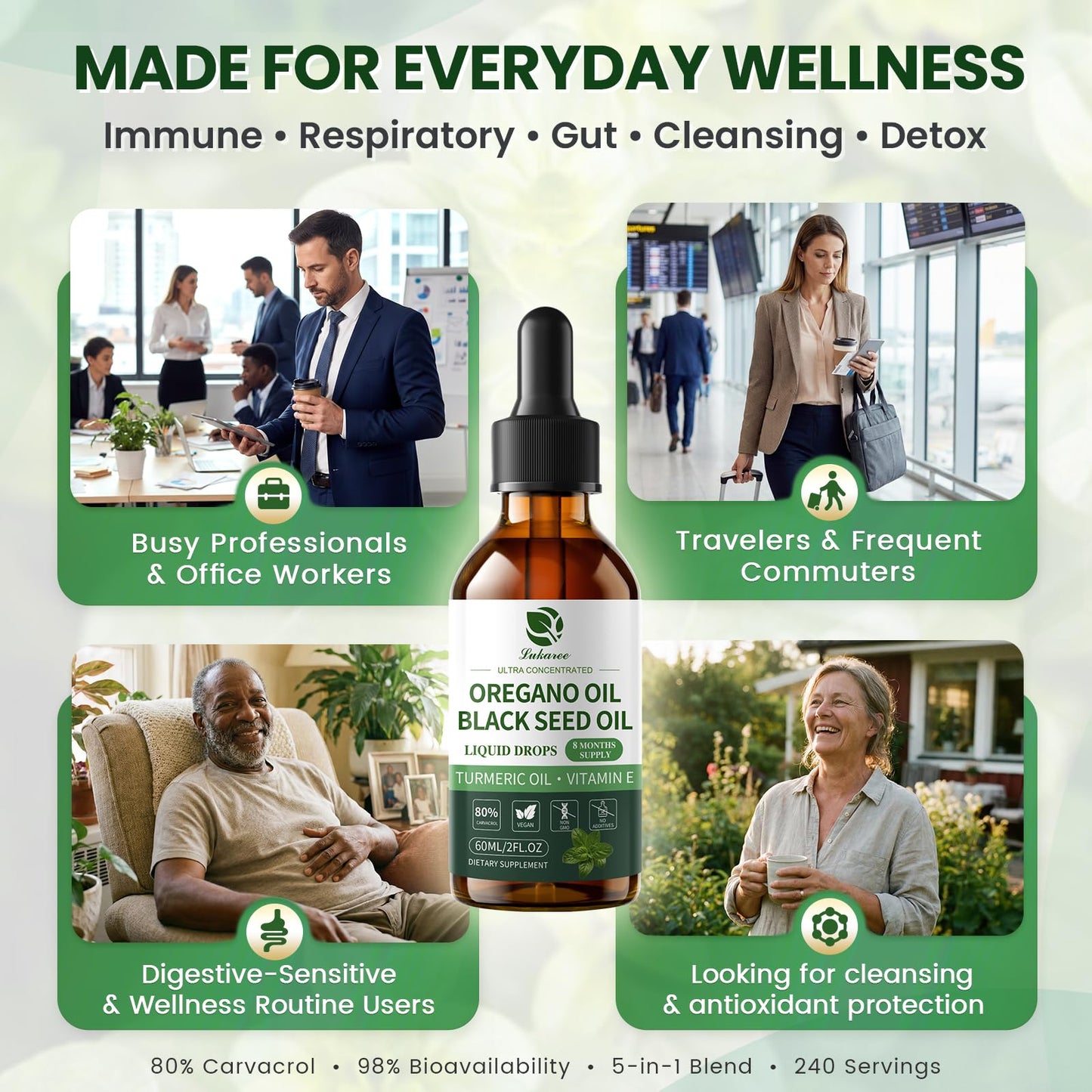 Oil of Oregano Drops with Black Seed Oil, 80% Carvacrol, 8 Month Supply | Immune, Digestive, Detox & Natural Cleanse for Humans*, Undiluted Oregano Oil with Turmeric Oil, Vitamin E & Olive Oil Based