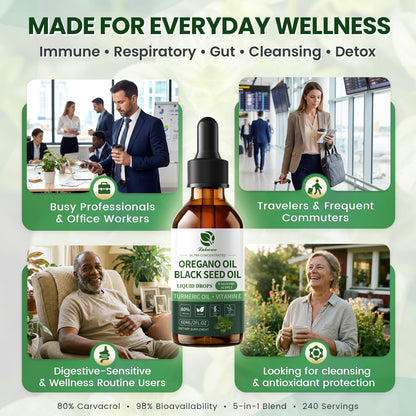 Oil of Oregano Drops with Black Seed Oil, 80% Carvacrol, 8 Month Supply | Immune, Digestive, Detox & Natural Cleanse for Humans*, Undiluted Oregano Oil with Turmeric Oil, Vitamin E & Olive Oil Based