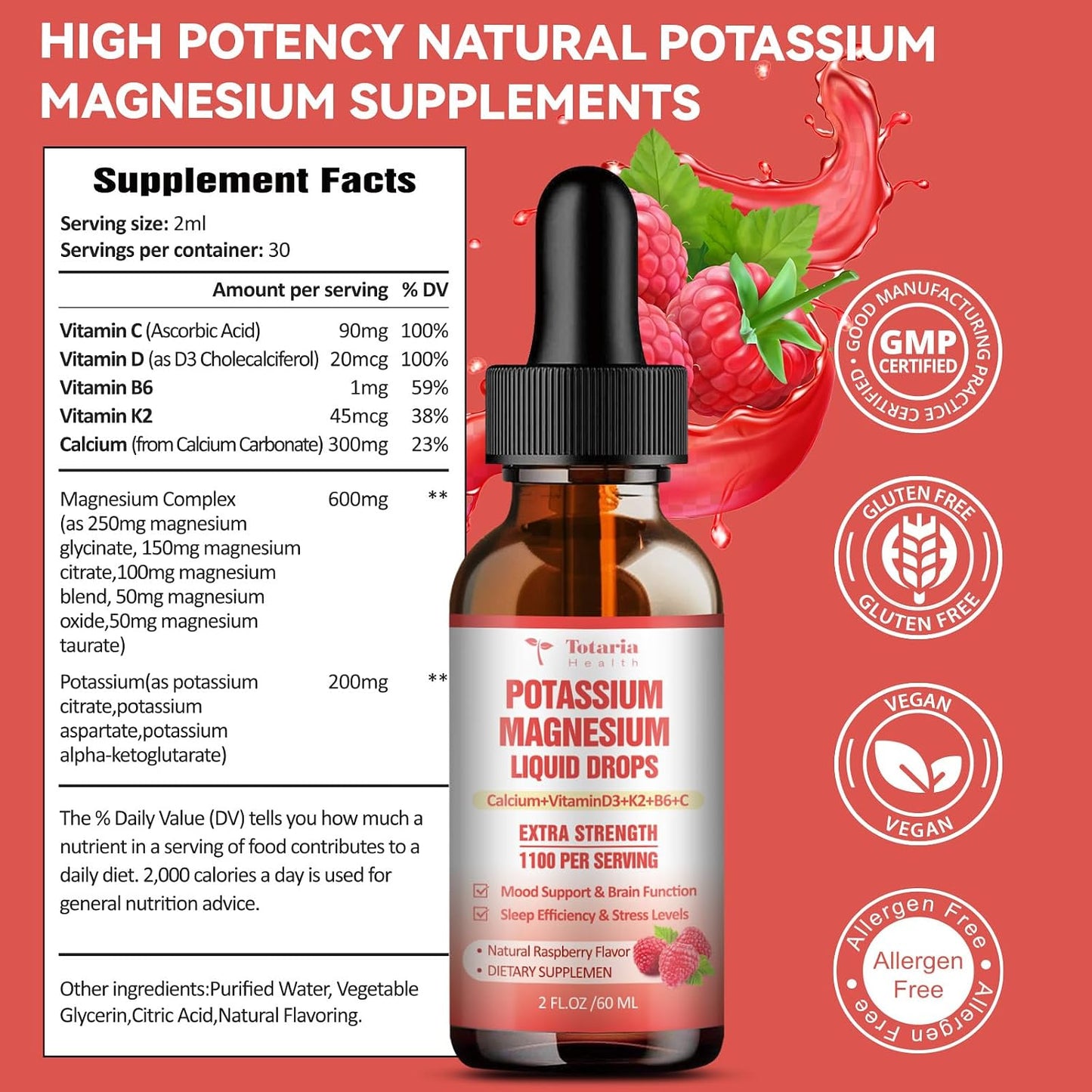 Potassium Magnesium Supplement Liquid Drops - High Absorption Potassium Supplement with Magnesium, Calcium, Vitamin D3 K2, Vegan, Non-GMO Potasio Support Leg Cramps, Bone, Muscle - 2 Fl oz