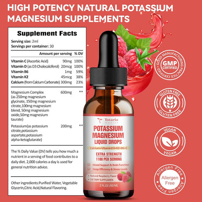 Potassium Magnesium Supplement Liquid Drops - High Absorption Potassium Supplement with Magnesium, Calcium, Vitamin D3 K2, Vegan, Non-GMO Potasio Support Leg Cramps, Bone, Muscle - 2 Fl oz