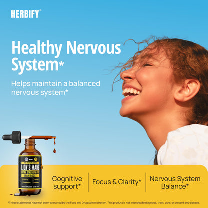 HERBIFY Lions Mane Supplement - Daily Mushroom Supplement for Memory, Focus & Clarity - Brain Booster - Lions Mane Tincture for Immune Support - 4 Fl oz