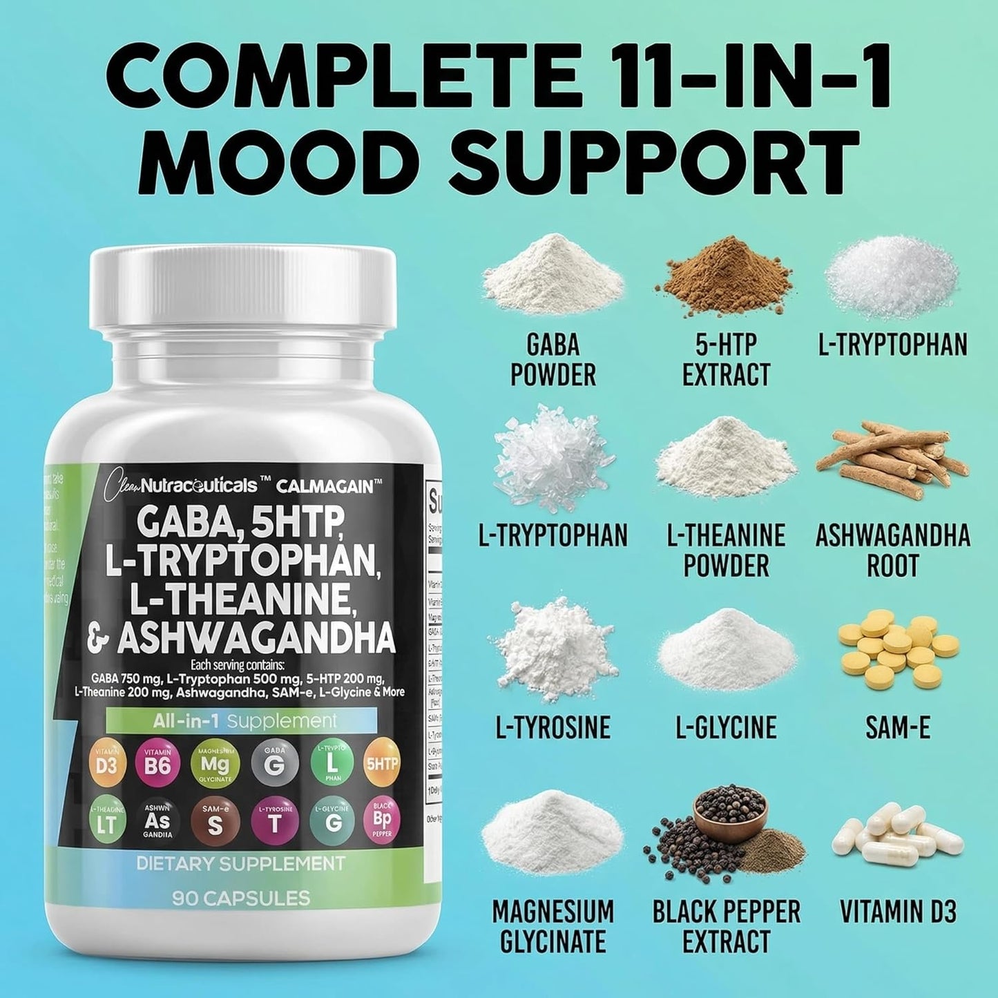 Clean Nutraceuticals GABA 750mg 5 HTP 200mg L Tryptophan 500mg L Theanine 200mg Ashwagandha SAM-e L-Glycine - Mood Support Vitamins for Women and Men with L-Tyrosine 5-HTP (5-Hydroxytryptophan)