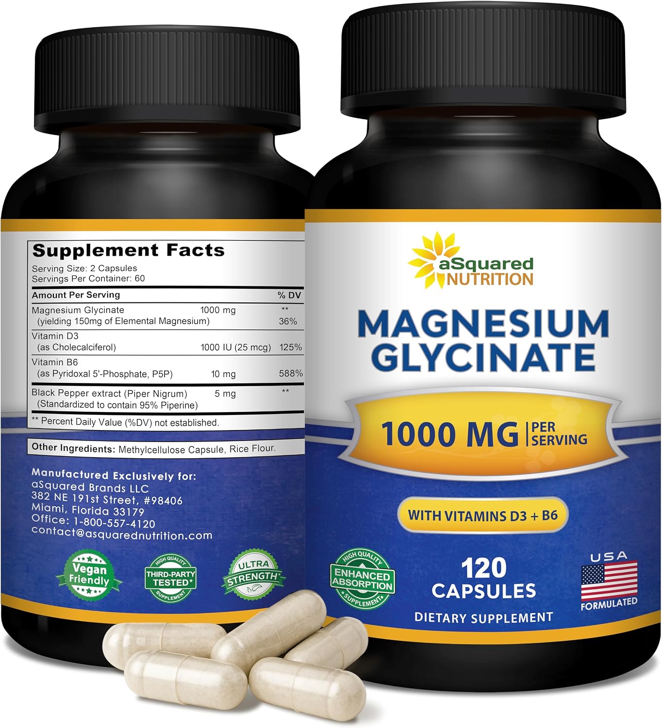 Glicinato de magnesio 1000mg con vitamina D3 y B6-500mg por cápsula - Suplemento complejo de magnesio elemental puro para el sueño, los músculos y la salud ósea - Reemplace gomitas, tabletas y polvo