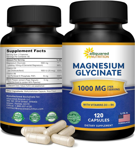 Glicinato de magnesio 1000mg con vitamina D3 y B6-500mg por cápsula - Suplemento complejo de magnesio elemental puro para el sueño, los músculos y la salud ósea - Reemplace gomitas, tabletas y polvo