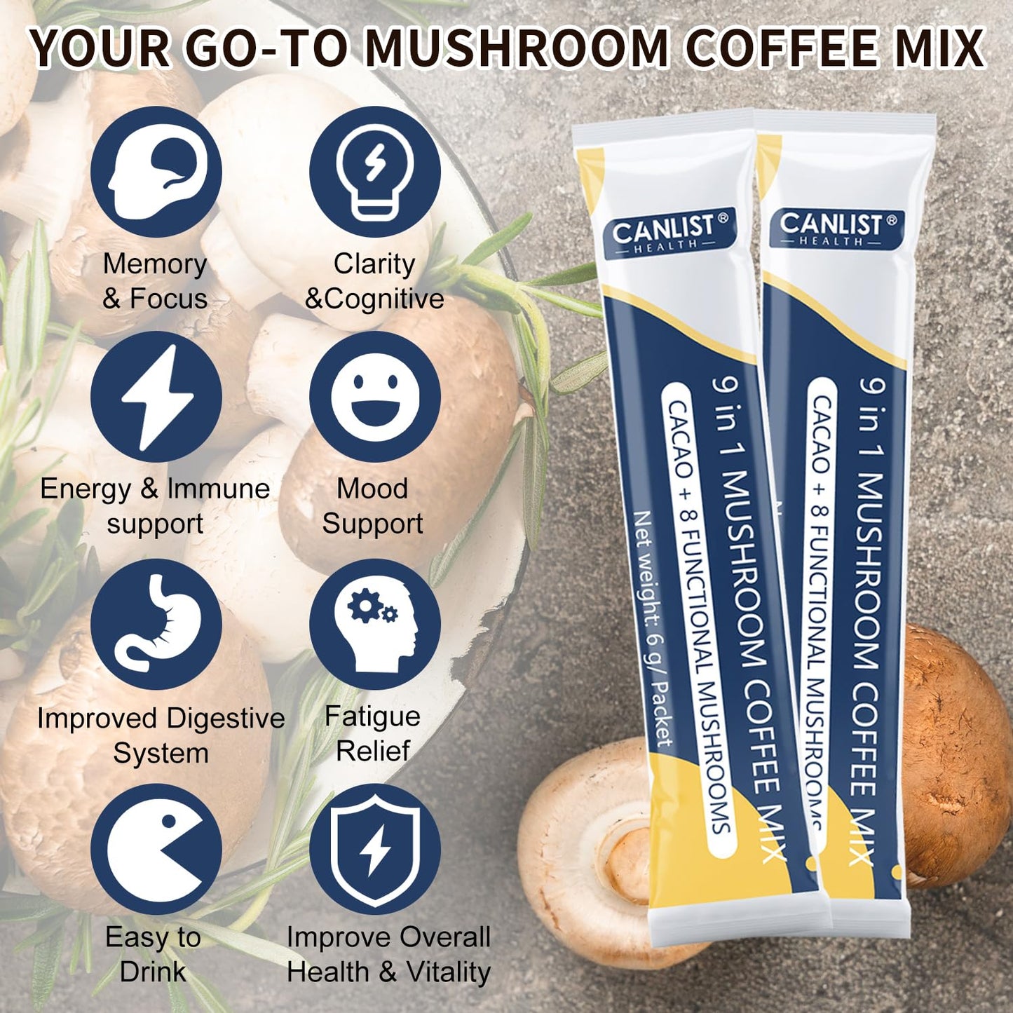 CANLIST Organic 9 in 1 Mushroom Coffee Powder with Lion's Mane & Chaga,Cordyceps, Reishi, Shiitake for Cognitive Focus, Immune Support & Stress Relief, Non-GMO & Vegan Friendly（20 Stick Packets）