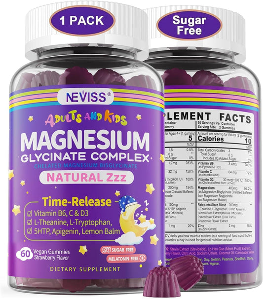 Magnesium Glycinate Gummies for Adults & Kids 4+, Sugar Free Magnesium Bisglycinate Supplement 400/200mg with B6D3, L-Theanine for Sleep & Relaxation, Brain, Muscle, Melatonin Free Gummies,1Pack