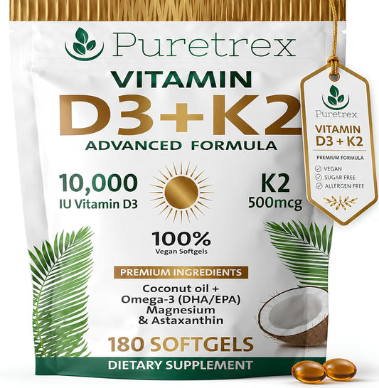Vitamin D3 K2 10000 IU with 500mcg MK7 (MK-7) - Advanced Formula Vegan Softgels, Lichen Sourced D3, Omega 3 DHA EPA, Magnesium Glycinate, Astaxanthin, Black Seed, Coconut Oil, 180 Softgels