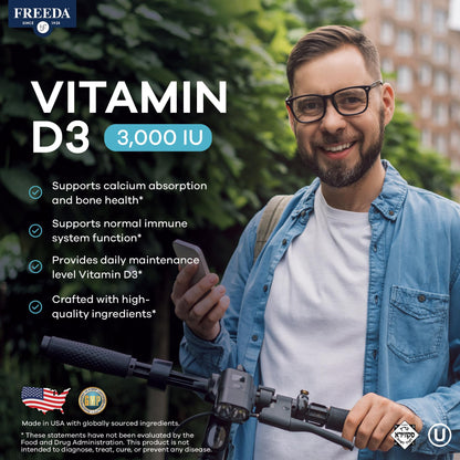 FREEDA Vitamin D3-3000 IU - Pure High Potency Kosher Supplement Tablets - Bone and Muscle Health, Calcium Absorption, Immune Support for Men and Women* - 100 Tiny Tablets | Supports Bone, Muscle & Immune Health – Helps Calcium Absorption – Easy-to-Swallow