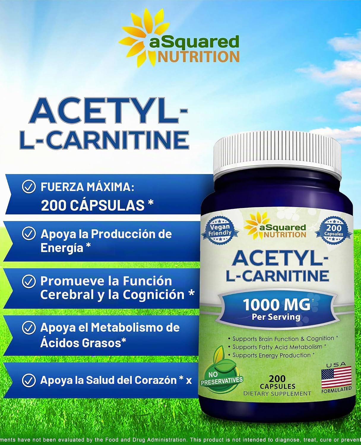 aSquared Nutrition Acetyl L-Carnitine 1000mg Max Strength - 200 cápsulas vegetales - Alta dosis de acetil L carnitina HCL (ALCAR) suplemento píldoras para apoyar la energía pura, la función cerebral y