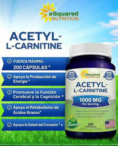 aSquared Nutrition Acetyl L-Carnitine 1000mg Max Strength - 200 cápsulas vegetales - Alta dosis de acetil L carnitina HCL (ALCAR) suplemento píldoras para apoyar la energía pura, la función cerebral y
