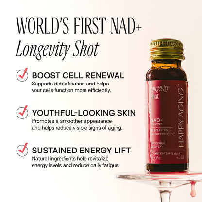 Happy Aging Liquid NAD+ Supplement for Women | Liposomal Nicotinamide Riboside & Resveratrol Shots for Energy, Skin Health & Brain Fog | NMN Alternative with Antioxidants | 10 Shots, 30-Day Supply