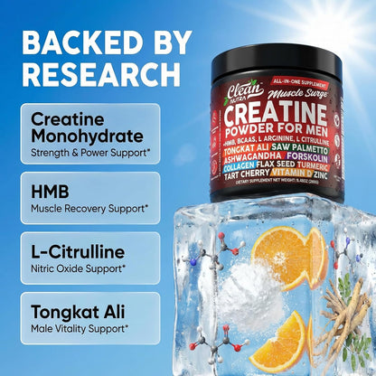 Clean Nutra Creatine Powder for Men + HMB BCAA L Arginine L Citrulline Tongkat Ali Saw Palmetto Ashwagandha Collagen Flax Seed Turmeric Preworkout Stevia Nitric Oxide L Glutamine Amino Acids