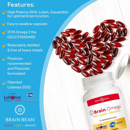 Brain Omega with Lutein and Zeaxanthin – Omega 3 Supplement for Brain, Heart & Eye Health – 460 mg DHA, 90 mg EPA, Lutein and Zeaxanthin Supplements – 180 Softgels (90 Servings)