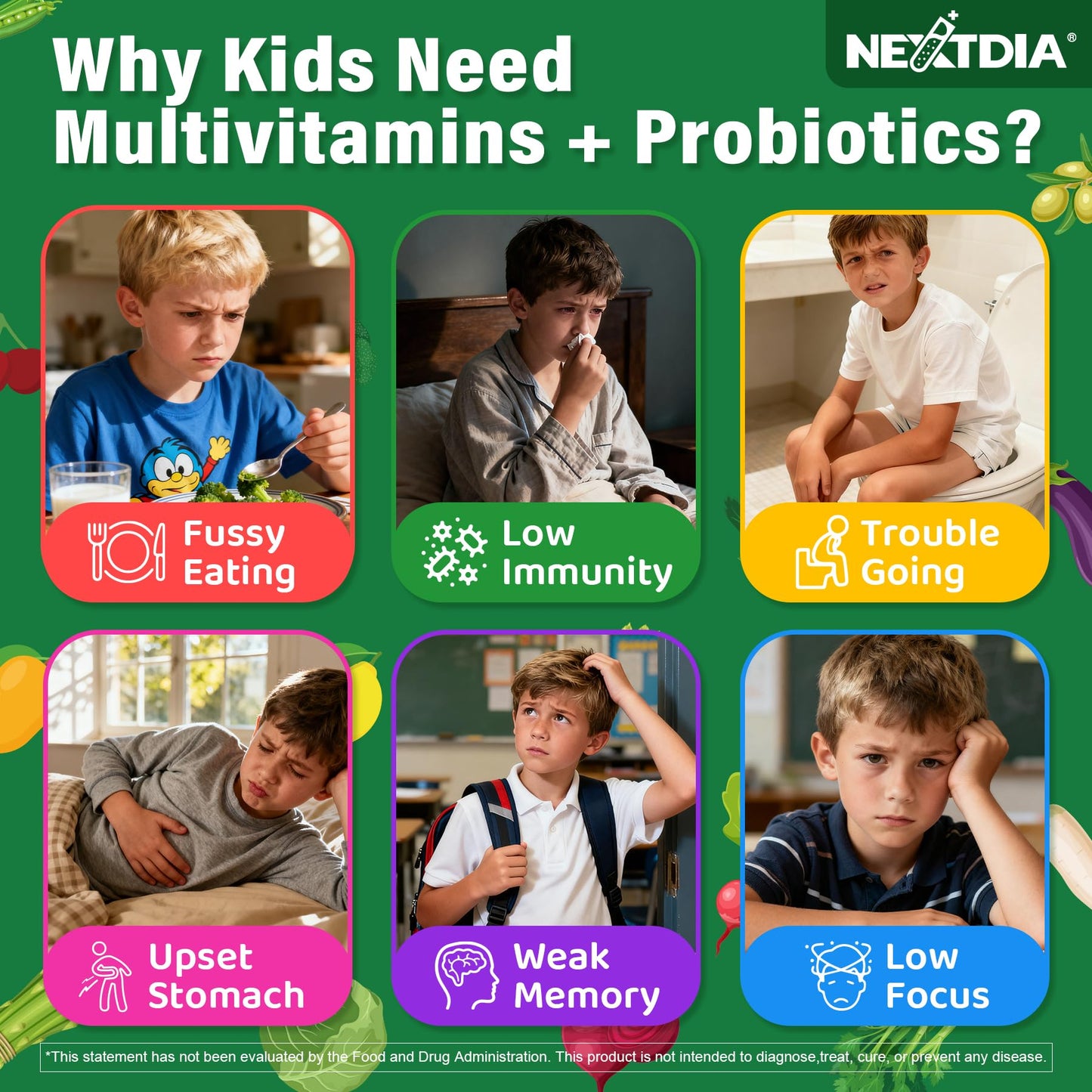Kids Multivitamin Gummies, 20+ Super Greens Fruit Veggies Supplement Superfood Daily Fiber Gummies for Picky Eater with Probiotics Kids Gummy Vitamins & Minerals for Growth, Gut, Immune Support, 60Cts