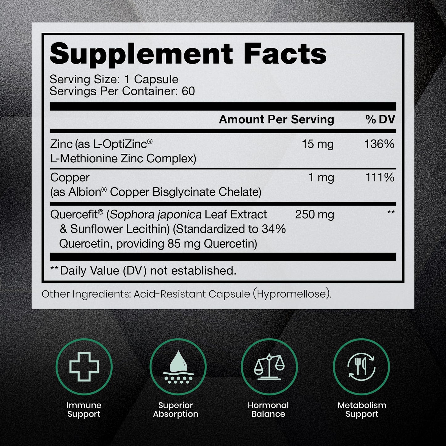 Zinc Defense | Zinc + Copper + Quercetin | 60 Servings in Vegan Capsules | L-OptiZinc & Quercefit Ionophore | Chelated Minerals | Immune, Gut, & Hormonal Balance Support