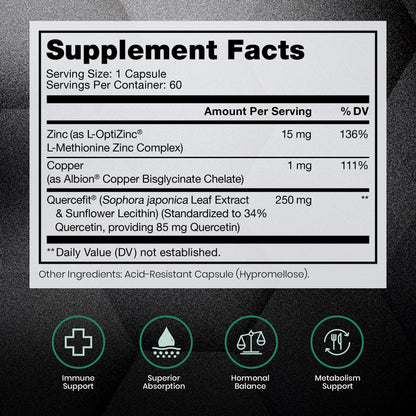 Zinc Defense | Zinc + Copper + Quercetin | 60 Servings in Vegan Capsules | L-OptiZinc & Quercefit Ionophore | Chelated Minerals | Immune, Gut, & Hormonal Balance Support