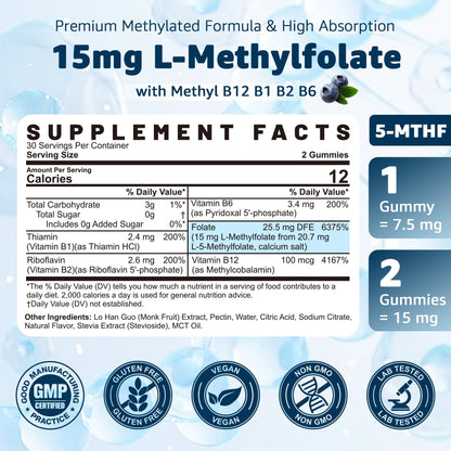 L-MethylFolate 15mg & Methyl B12 Gummies, Methylated B1, B2, B6 Multivitamins - Active 5-MTHF & High Absorption - Supports MTHFR Gene, Cognition, Homocysteine Levels, Folate Metabolism, Vegan, 120 Cts