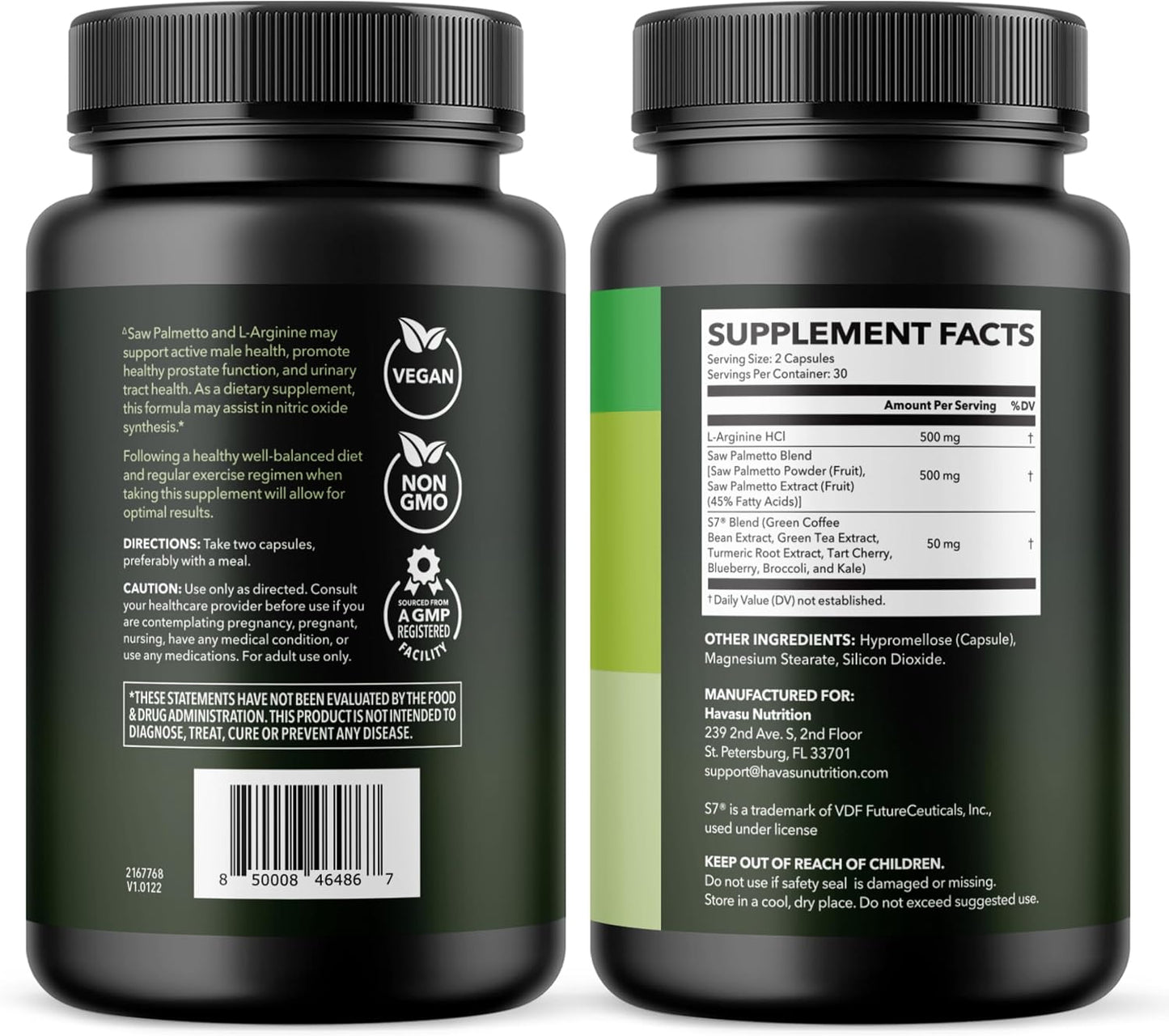 L-Arginine with Saw Palmetto for Men Capsules, Vegan, Non-GMO, 30 Servings | Vegan, Non-GMO Nitric Oxide and Prostate Health Supplements for Men, Endurance and Urinary Tract Function Support