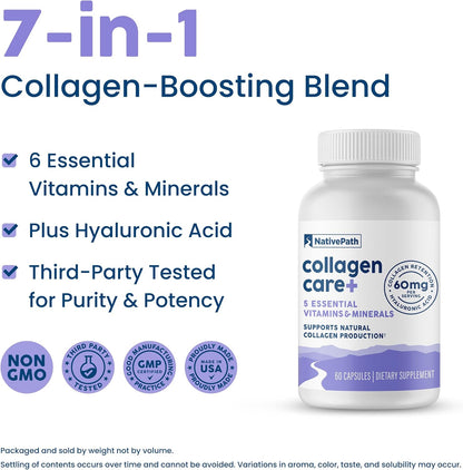 NativePath Collagen Care+, 5 Vitamin Blend with Hyaluronic Acid and Boron that Supports Collagen for Men and Women, 60 Capsules | Vitamins A, C, Zinc & Boron, Supports Skin, Hair, Nails & Your Body's Own Production, Beauty, Women