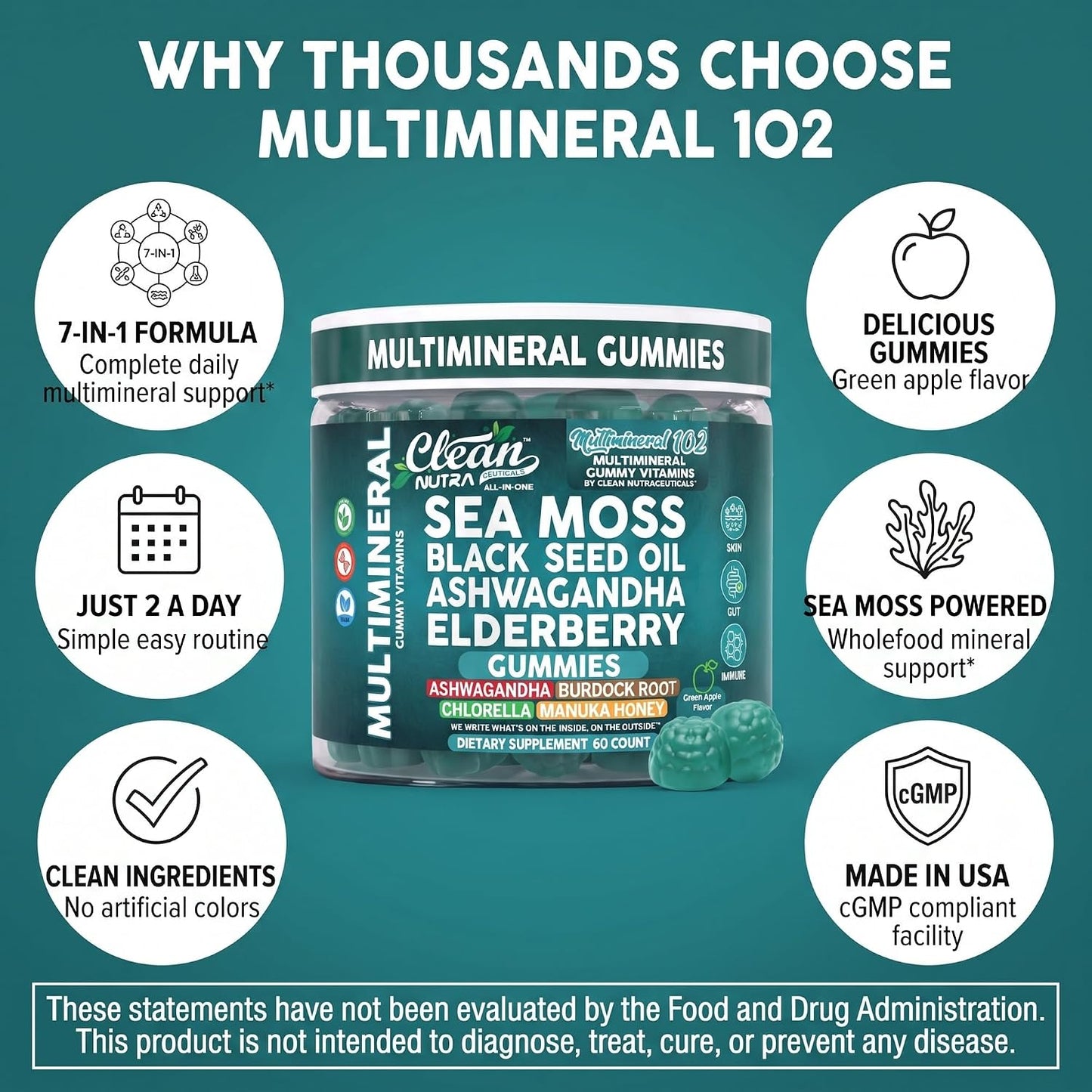 Sea Moss Gummies | Clinically Tested - Black Seed Oil Ashwagandha Elderberry Burdock Root Chlorella Manuka Honey - Vegan Irish Sea Moss Gummy Vitamins for Adults Kids Men Women - Green Apple Flavor