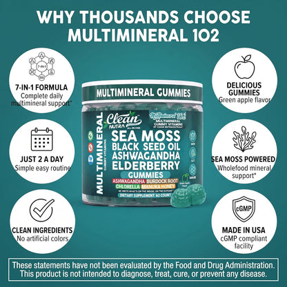 Sea Moss Gummies | Clinically Tested - Black Seed Oil Ashwagandha Elderberry Burdock Root Chlorella Manuka Honey - Vegan Irish Sea Moss Gummy Vitamins for Adults Kids Men Women - Green Apple Flavor