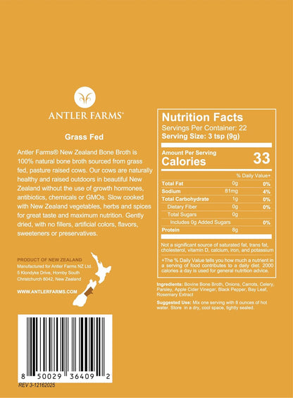 Antler Farms - 100% Grass Fed New Zealand Bone Broth Powder, 40 Servings, 200g - Slow Cooked, Gently Dried, Delicious Flavor, No Hormones, Antibiotics, & GMOs | 100% Pure Beef Bone Broth Powder for Humans, Slow Cooked, Gently Dried, Light Flavor, No Hormo