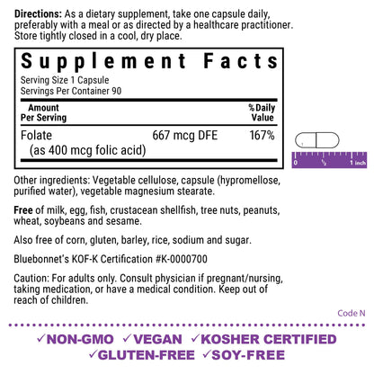 Bluebonnet Nutrition Folic Acid 400 mcg, Prenatal & Postnatal Health*, Non-GMO, Vegan, Kosher Certified, Gluten-Free, Soy-Free, Dairy-Free, 90 Vegetable Capsules, 90 Servings