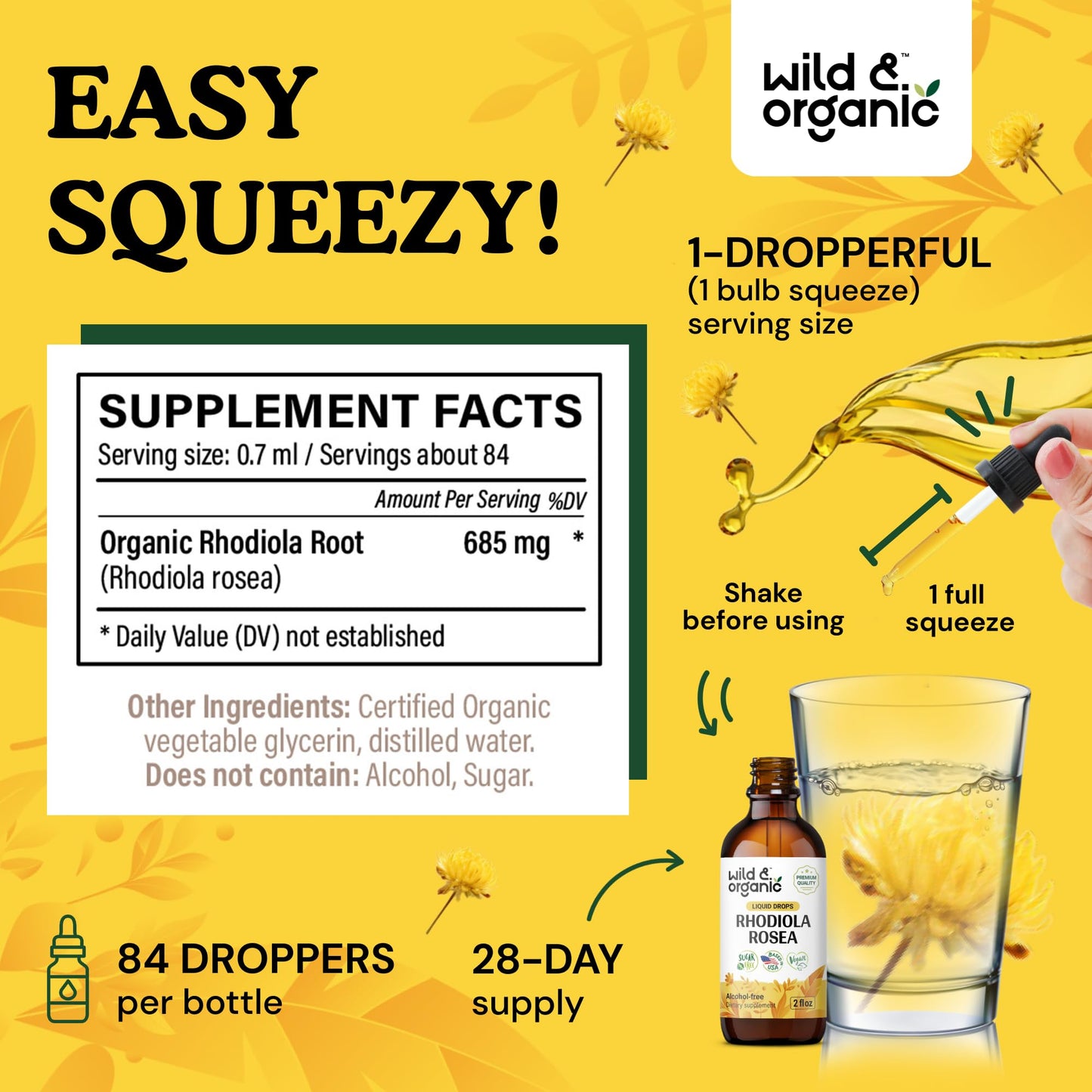 Wild & Organic Rhodiola Rosea Tincture - Rhodiola Rosea Supplement for Mood Support - Relaxing Root Extract Liquid Drops - Vegan, Sugar & Alcohol-Free - 4 fl oz