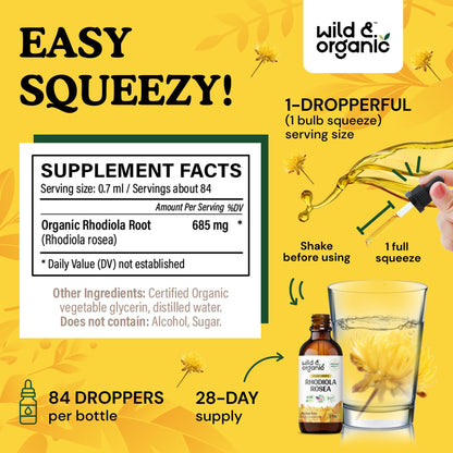 Wild & Organic Rhodiola Rosea Tincture - Rhodiola Rosea Supplement for Mood Support - Relaxing Root Extract Liquid Drops - Vegan, Sugar & Alcohol-Free - 4 fl oz