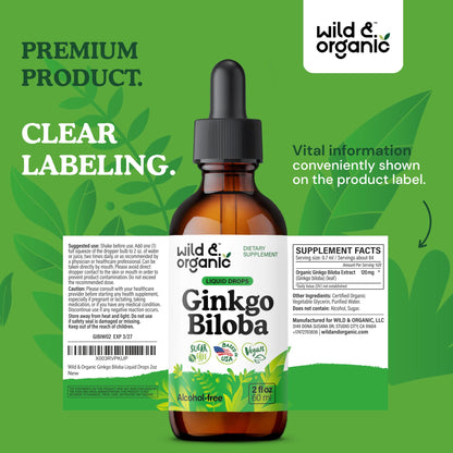 Wild & Organic Ginkgo Biloba Extract Drops - Brain & Focus Support - Liquid Ginkgo Biloba Supplements - Vegan, Sugar & Alcohol-Free Herbal Tincture - 4 fl oz