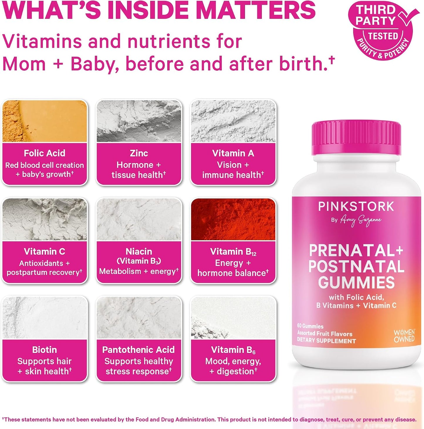 Pink Stork Fertility + Prenatal + Postnatal Gummy Vitamins, 60 Count | Full Motherhood Journey Support, Folate, B Vitamins, Zinc & Biotin, Postpartum Essentials, Assorted Fruit