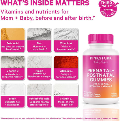 Pink Stork Fertility + Prenatal + Postnatal Gummy Vitamins, 60 Count | Full Motherhood Journey Support, Folate, B Vitamins, Zinc & Biotin, Postpartum Essentials, Assorted Fruit