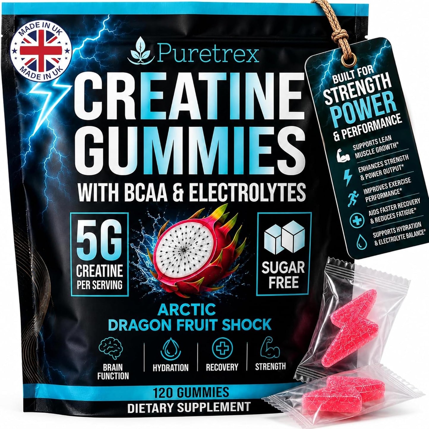 Creatine Gummies with BCAA and Electrolytes, 5g Creatine Monohydrate per Serving, Sugar Free Chews for Muscle Recovery and Hydration, Arctic Dragon Fruit Flavor, Vegan, 120 Count, Made in UK