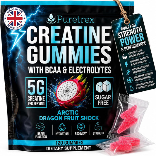 Creatine Gummies with BCAA and Electrolytes, 5g Creatine Monohydrate per Serving, Sugar Free Chews for Muscle Recovery and Hydration, Arctic Dragon Fruit Flavor, Vegan, 120 Count, Made in UK