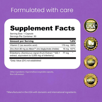NaturaLife Labs Sambucus Elderberry Capsules – with Vitamin C & Zinc – Immune Support Supplement – 90 Vegan Capsules – Non-GMO & Gluten-Free