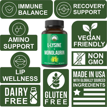 Peak Performance L Lysine 1000mg + Monolaurin 500mg High Potency Supplement for Lips, Skin, & Immune Support - L-Lysine 2-in-1 Bioavailable Supplements for Men and Women - 60 Capsules