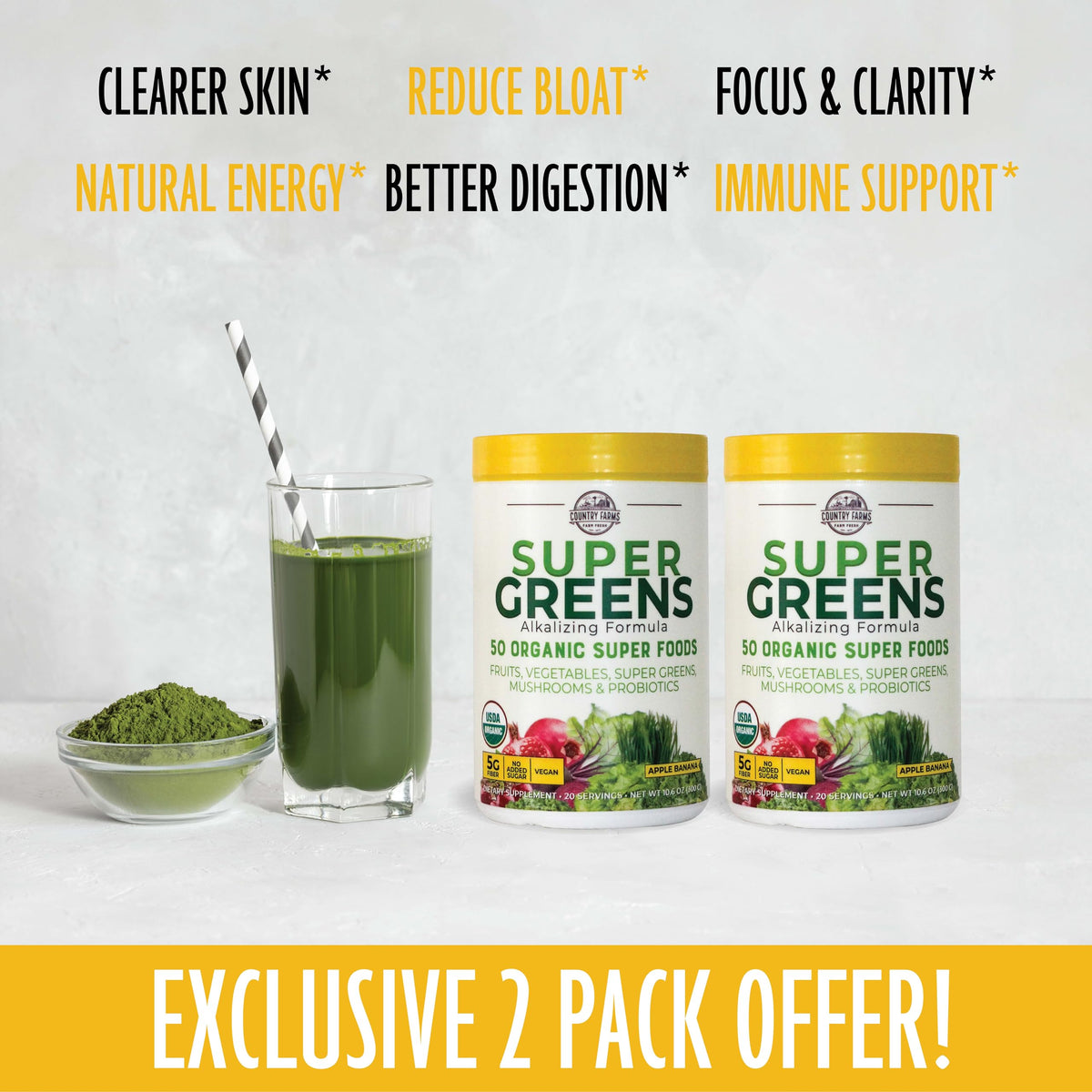 COUNTRY FARMS Super Greens Apple Banana Powder Smoothie, Organic Super Foods