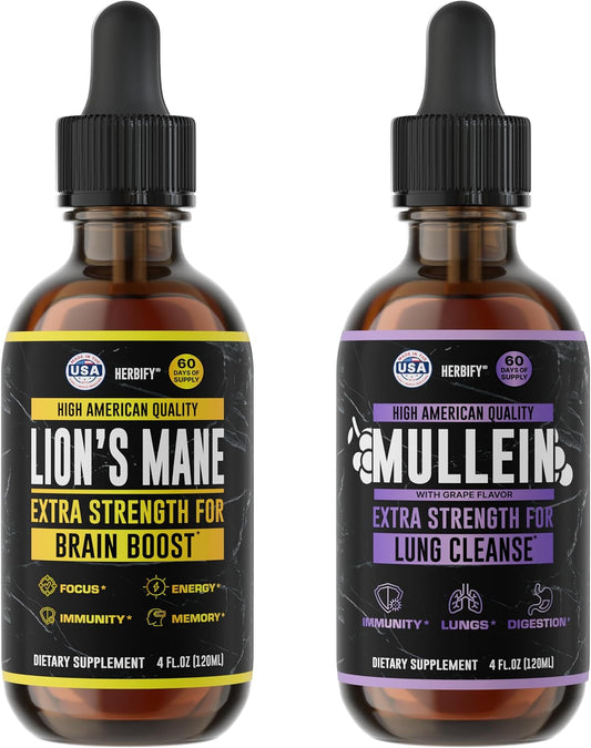 HERBIFY Bundle - Lions Mane & Mullein Grape 4 Fl Oz Drops - Supplement for Memory, Focus & Clarity & Immune Support, Lung Cleanse and Bronchial Support