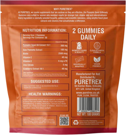 Pumpkin Seed Oil Beauty Gummies 3000mg, Saw Palmetto, 120 Vegan Chewables for Women Hair Growth, Strength, Skin Radiance, Biotin 2500mcg, Vitamin C, E, Zinc, Selenium, BioPerine, Pectin, Made in UK