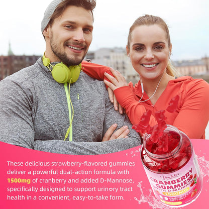 Vegan Cranberry Gummies 1500mg with D Mannose, Strawberry Flavor, 60 Count | Supports Urinary Tract Health for Women & Men, Sugar-free, Non-GMO and Gluten Free