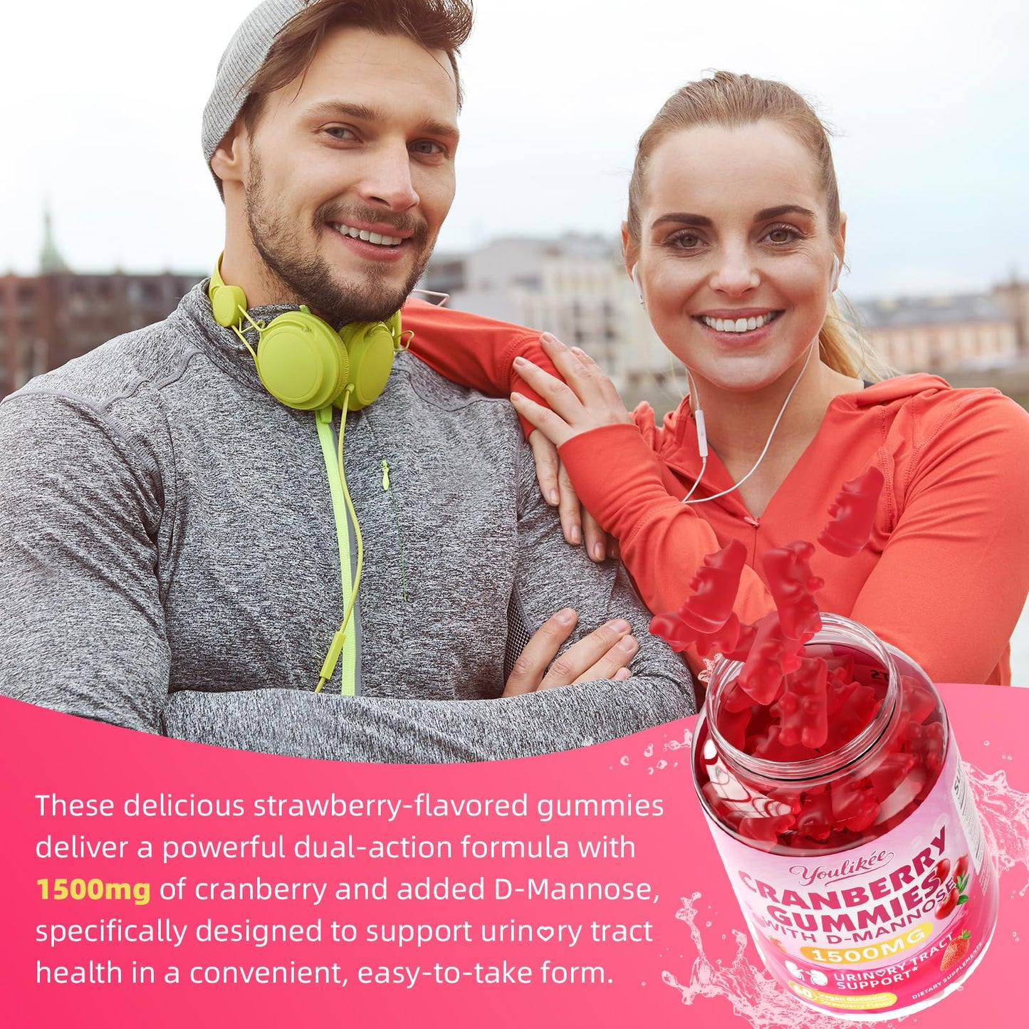 Vegan Cranberry Gummies 1500mg with D Mannose, Strawberry Flavor, 60 Count | Supports Urinary Tract Health for Women & Men, Sugar-free, Non-GMO and Gluten Free